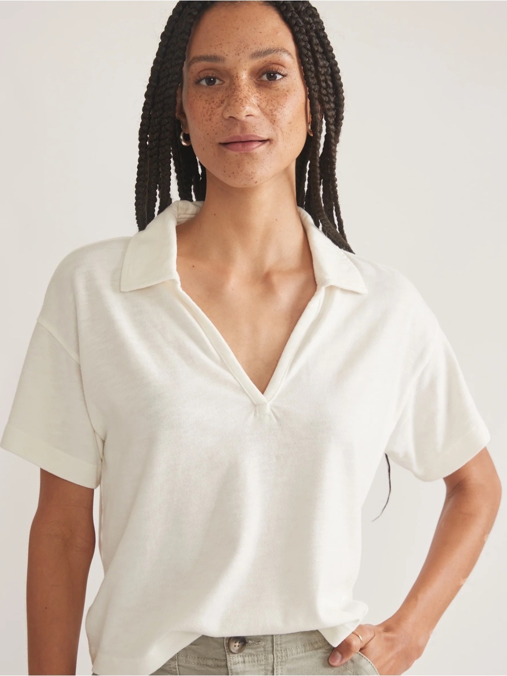 🆕Marine Layer Vintage Slub Polo Tee Cropped V-Neck Collared White Size Large